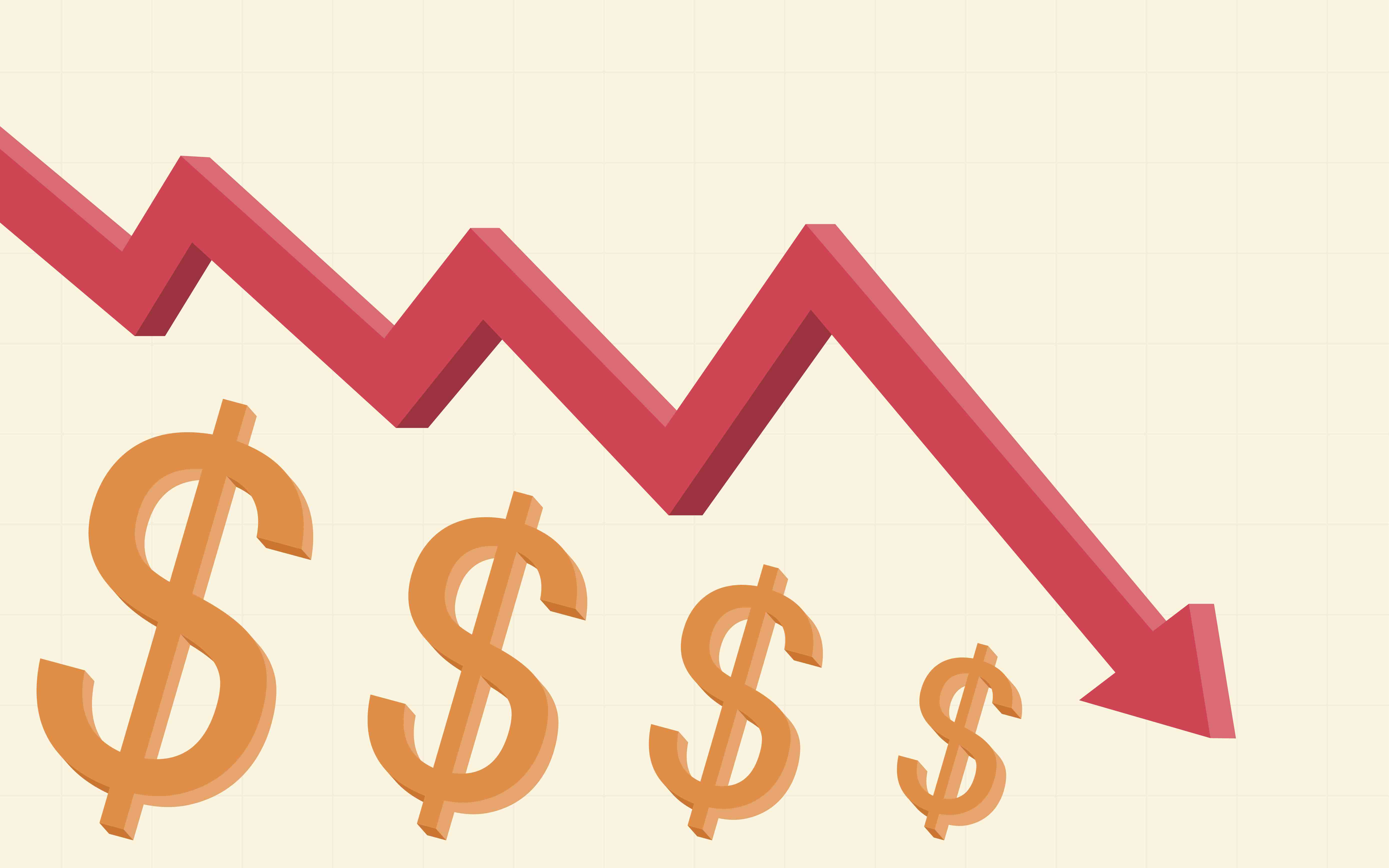 abstract financial chart with red color 3d Downtrend line arrows go down with dollar sign on yellow color background